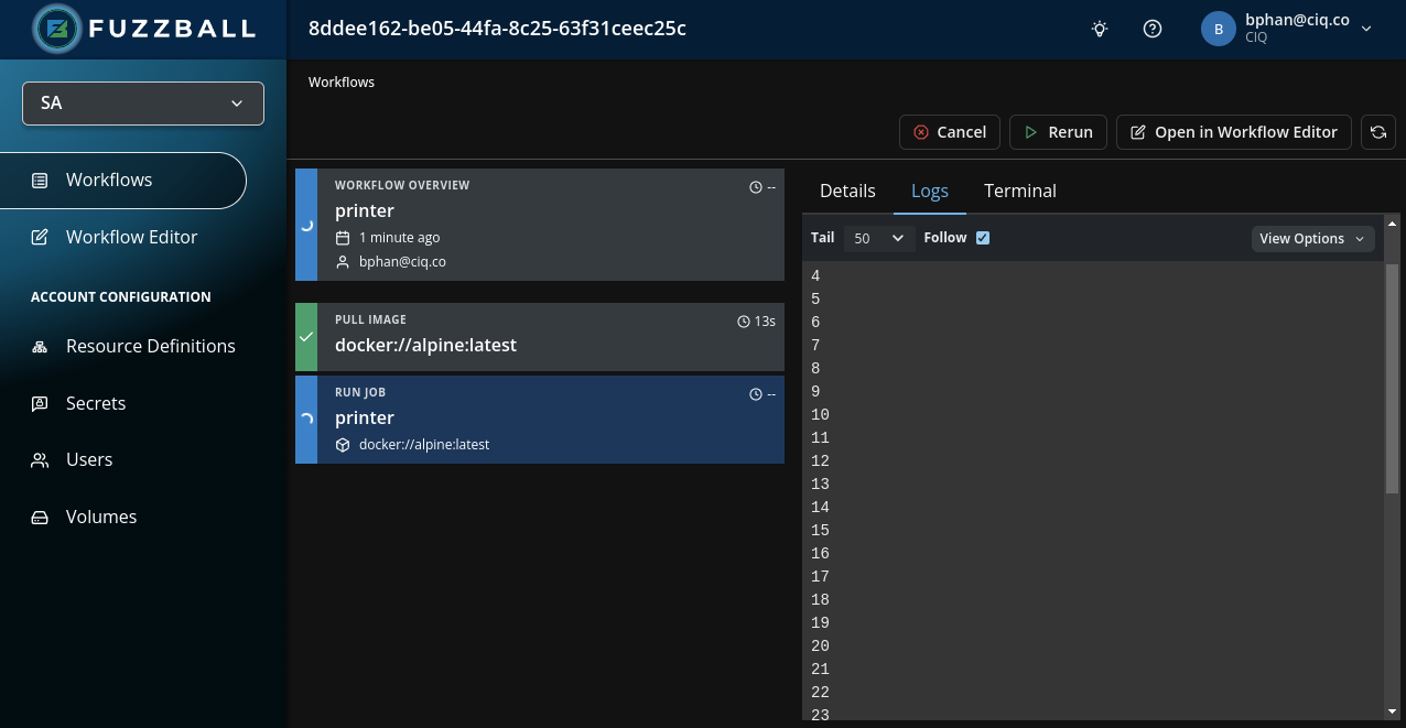 Fuzzball workflow dashboard showing logs from the printer job