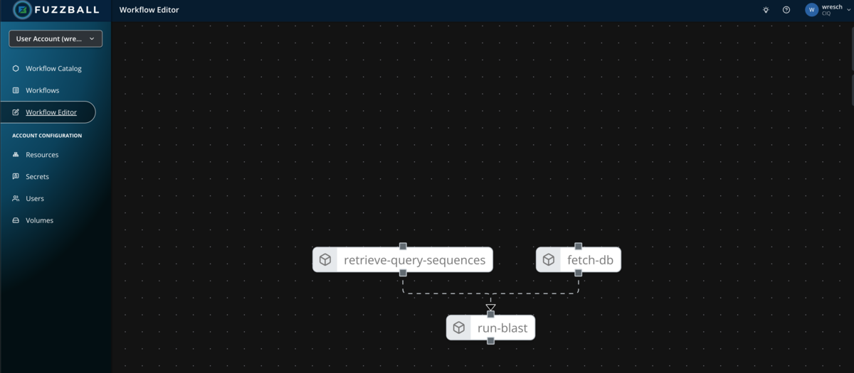Fuzzball workflow catalog BLAST editor with public database