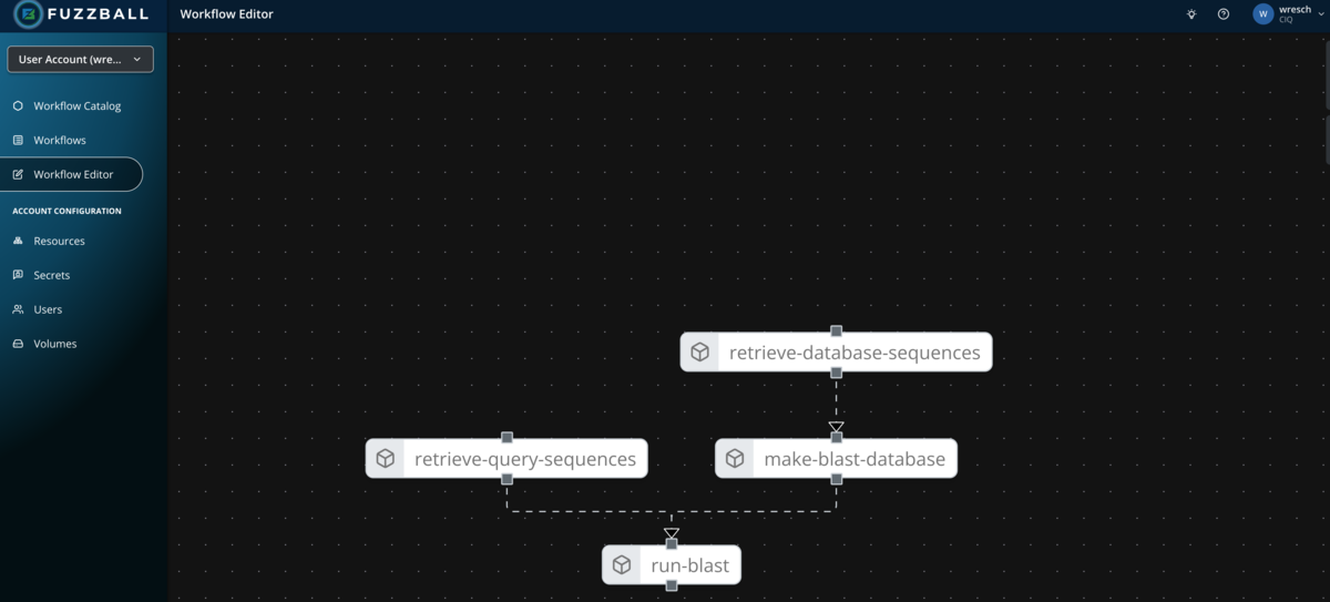 Fuzzball workflow catalog BLAST editor with custom database