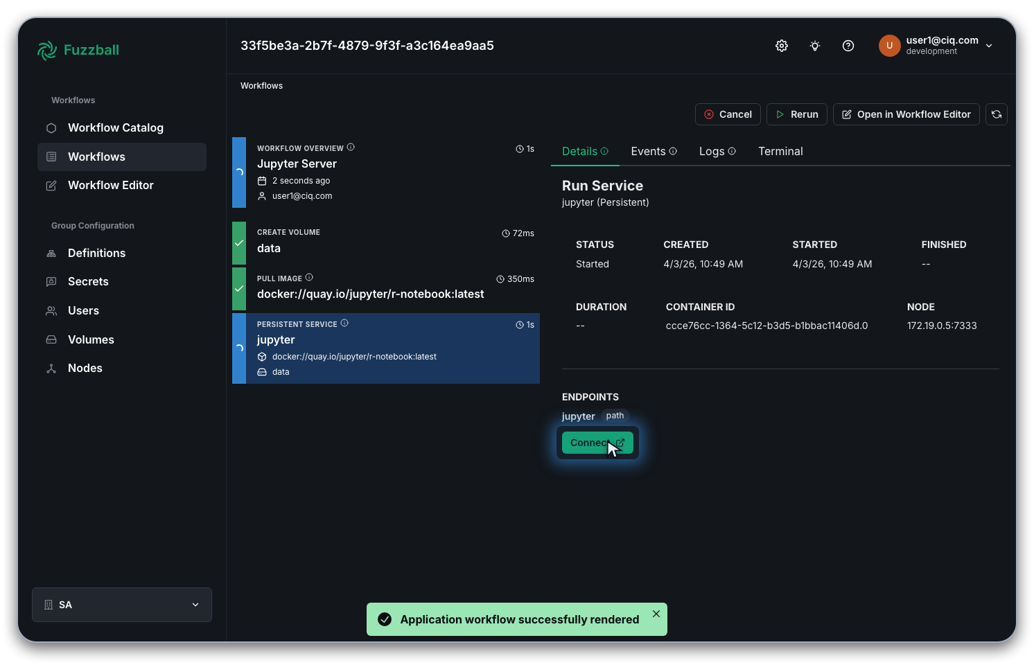 Fuzzball workflow status page showing the Connect button for the Jupyter job