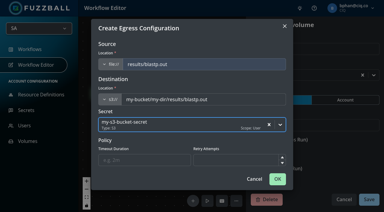 BLAST output file egress configured 