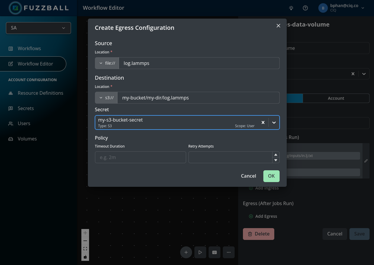 LAMMPS output file egress configured 